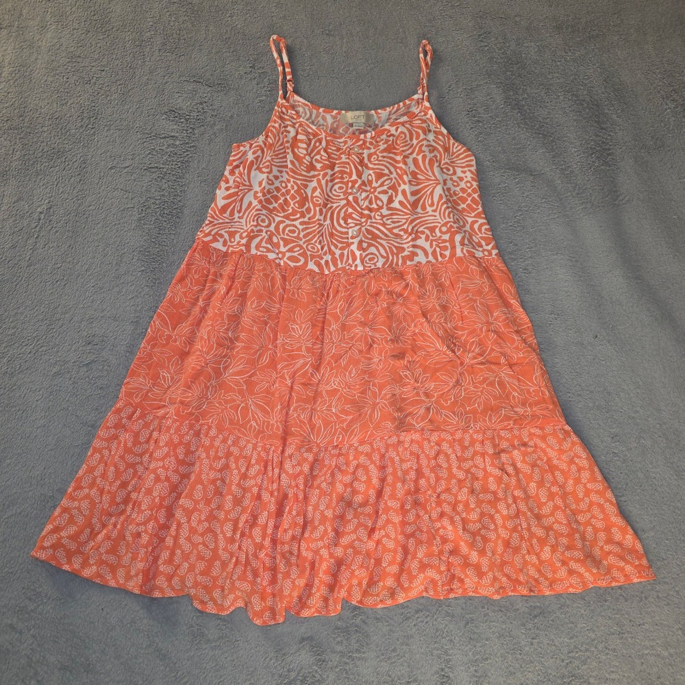 Loft Outlet Orange White Tropical Tiered Mini Dress XS Pineapple Floral 589632